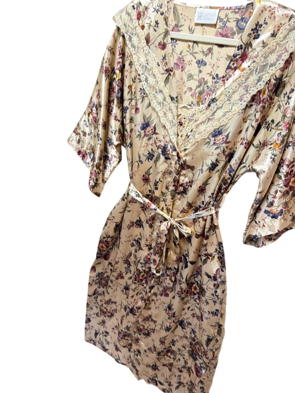 California Dynasty Vintage 80's Satin Floral Robe and Nightgown Peignoir Set